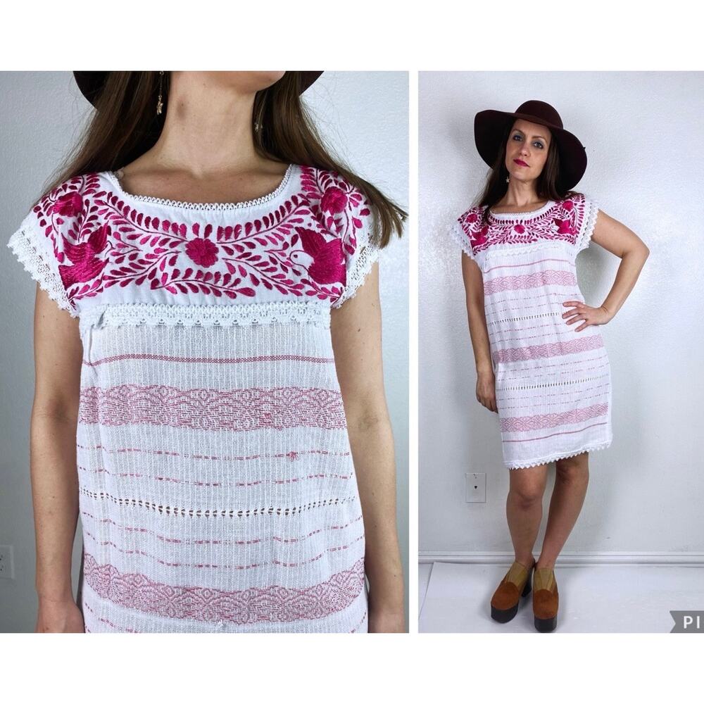 vintage 70s Fuchsia OAXACAN Embroidered BIRD DRESS Small/M woven Mexican crochet